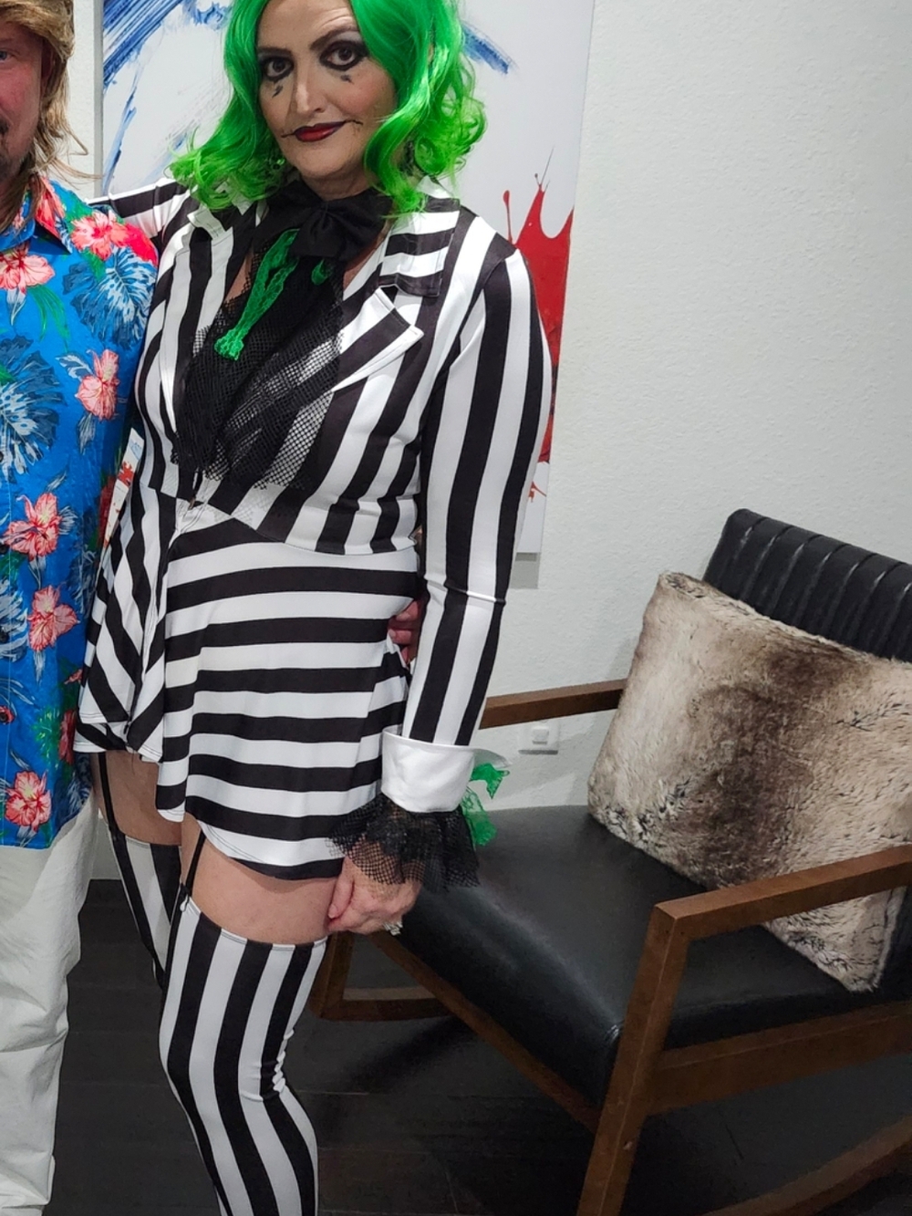 Costume. Wig Included, Black & White Stripes with Thigh-High Leggings